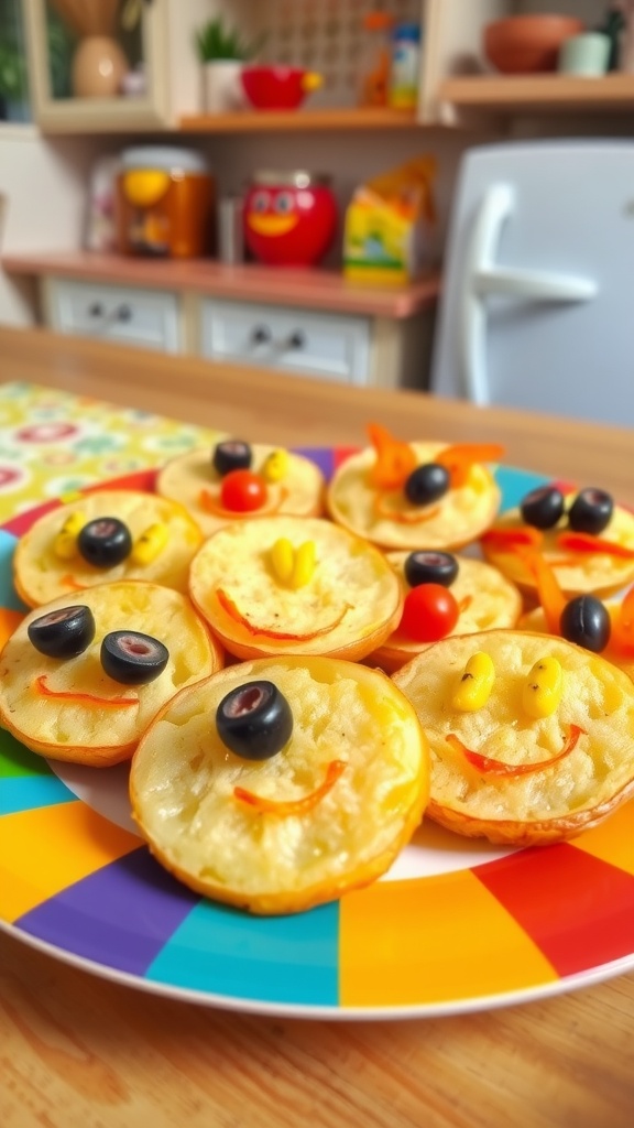 A plate of fun potato faces decorated with olives, tomatoes, and peppers.